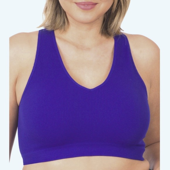 NEW Zenana Plus 2X 3X Sports Bra Crop Cami Tank Bright Blue Ribbed Bralette - Picture 1 of 5
